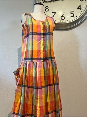 Vintage Multicolor Plaid Sleeveless Cotton Dress - Orange, Yellow, Pink, Blue